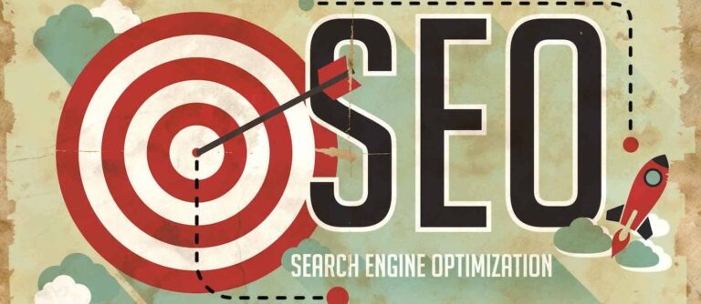 Retro SEO poster with a target, arrow and rocket