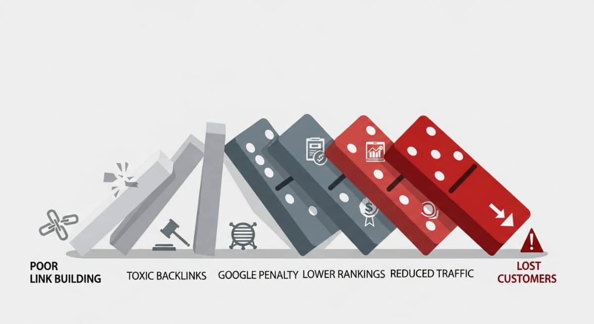 Row of falling dominoes showing how poor link building leads to toxic backlinks, a Google penalty, lower rankings, reduced traffic and lost customers