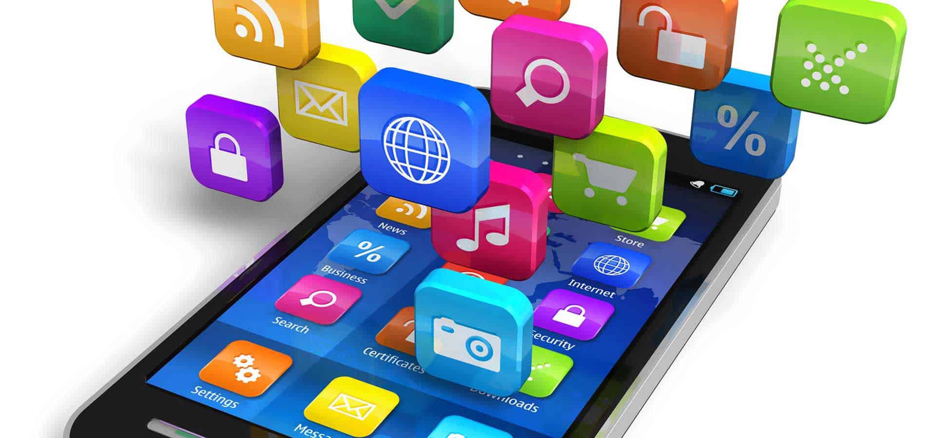 Smartphone with colourful app icons floating above the screen