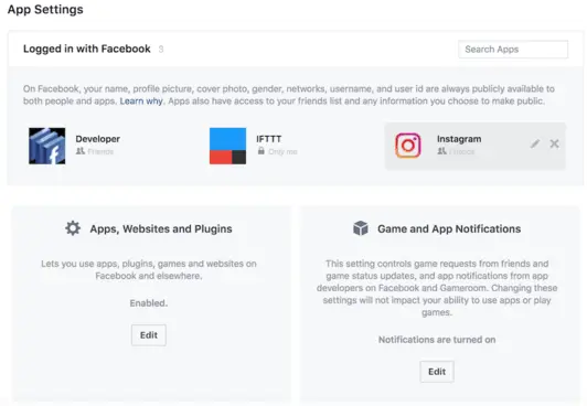 On this page, you can see a list of apps with access to your Facebook profile information.