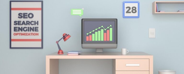 Illustrated office desk with a rising chart on screen and an SEO poster on the wall