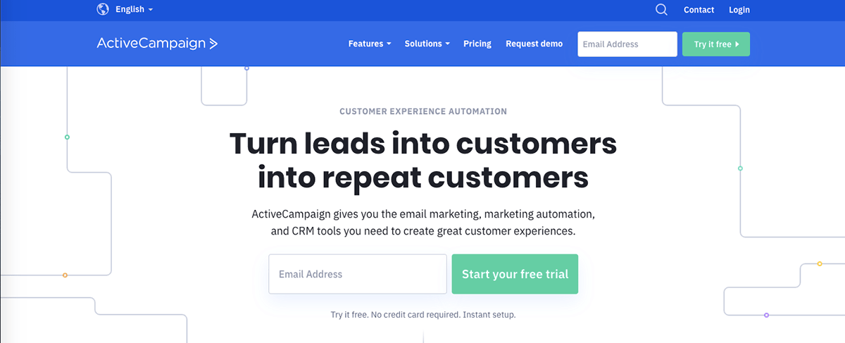 ActiveCampaign website homepage with the headline Turn leads into customers into repeat customers