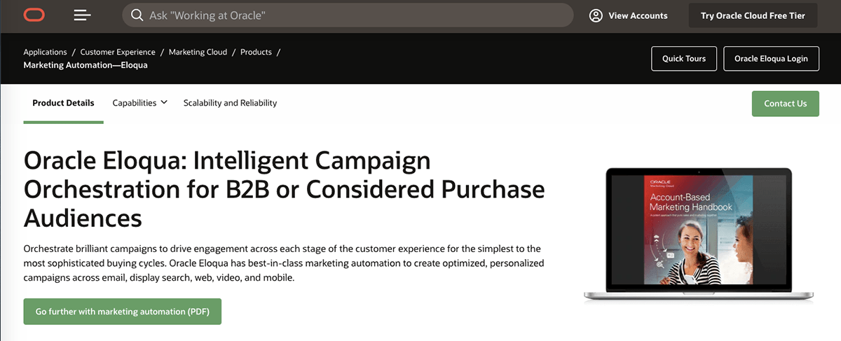 Oracle Eloqua website homepage for B2B campaign orchestration