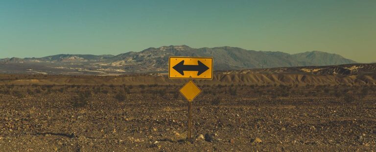 Road sign with arrows pointing left and right in an empty landscape, representing a choice between SEO and SEM