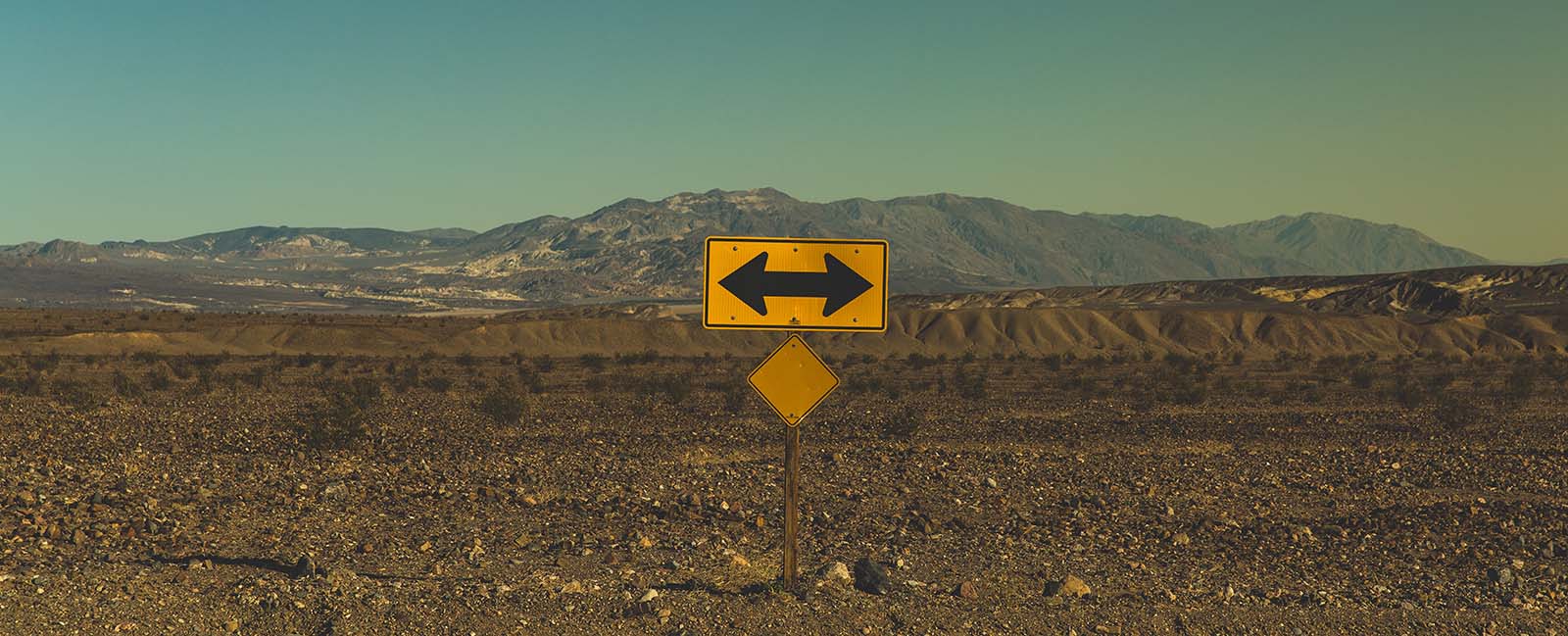 Road sign with arrows pointing left and right in an empty landscape, representing a choice between SEO and SEM