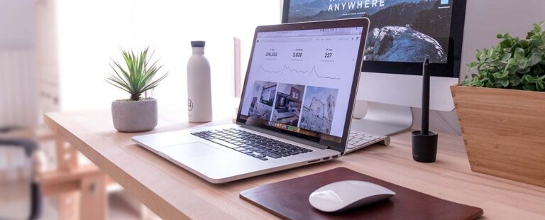 Laptop showing an analytics dashboard on a tidy desk with plants