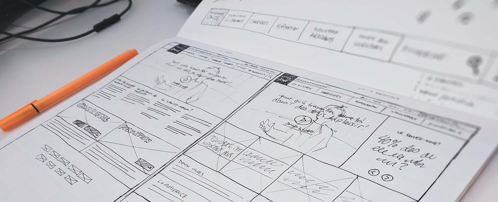 Hand-drawn website wireframes laid out on a desk