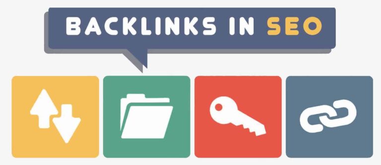 Backlinks in SEO graphic with icons for links, files, keys and rankings