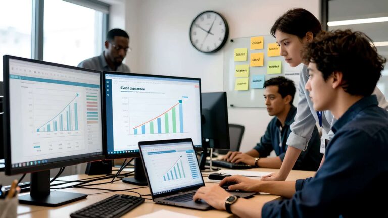 Team at desks watching growth charts rise on several monitors