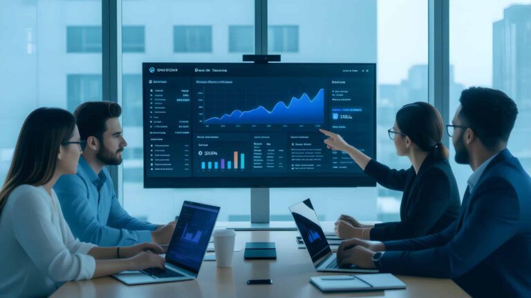 Team in a boardroom reviewing a performance dashboard on a large screen