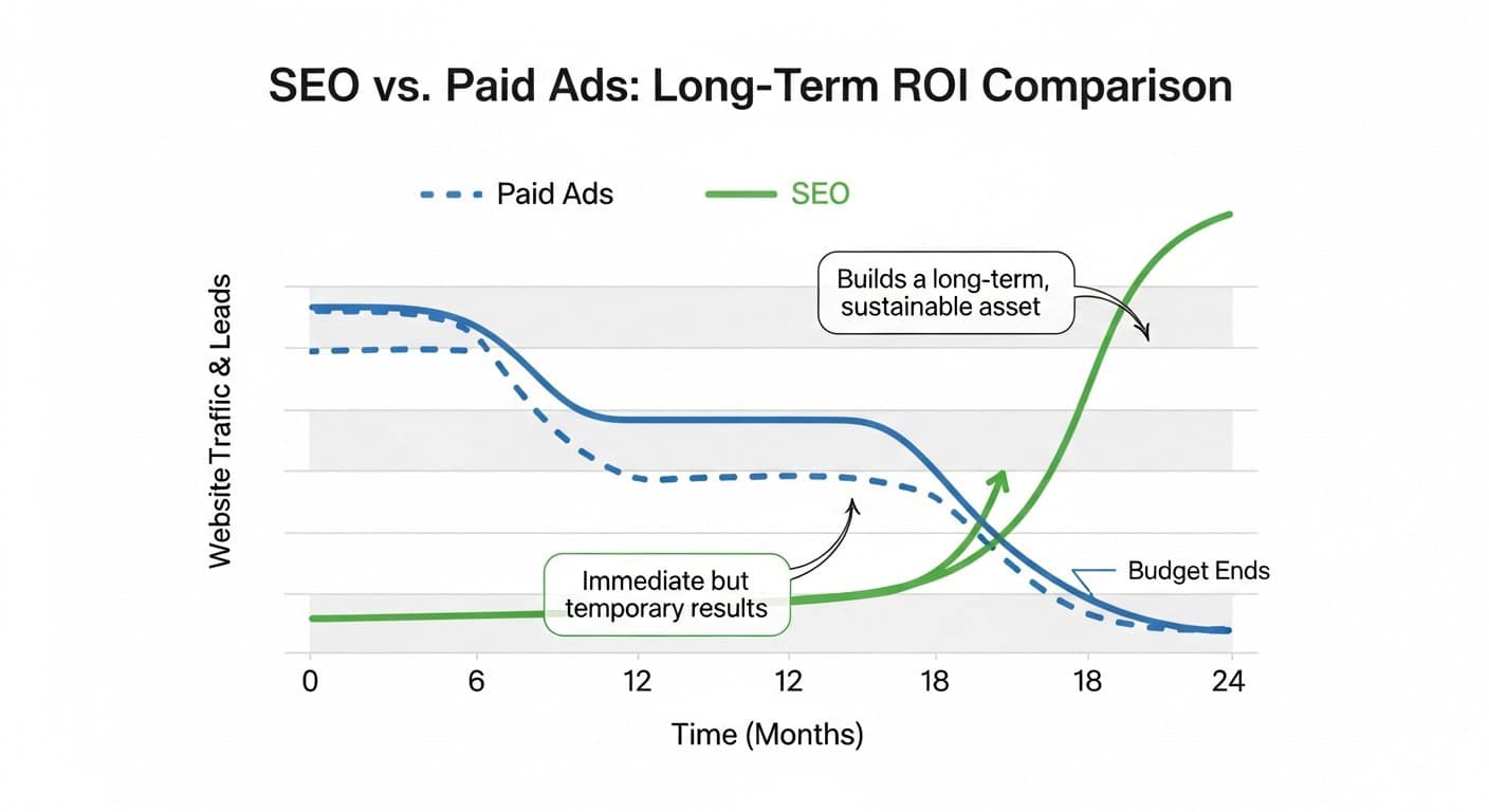 Line chart comparing long-term ROI of SEO and paid ads over 24 months