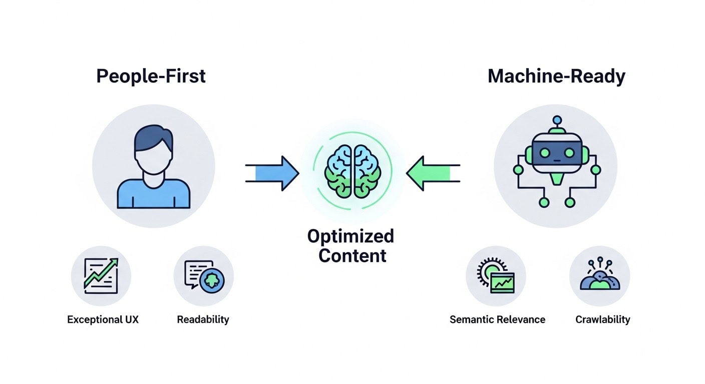 the-untapped-potential-of-the-sa-digital-market-opportunities-and-challenges A diagram illustrating the 'People-First, Machine-Ready' SEO philosophy. The left side, 'People-First,' shows icons for user experience and intent. The right side, 'Machine-Ready,' shows icons for structured data and algorithms. Both sides feed into a central 'Optimized Content' element.