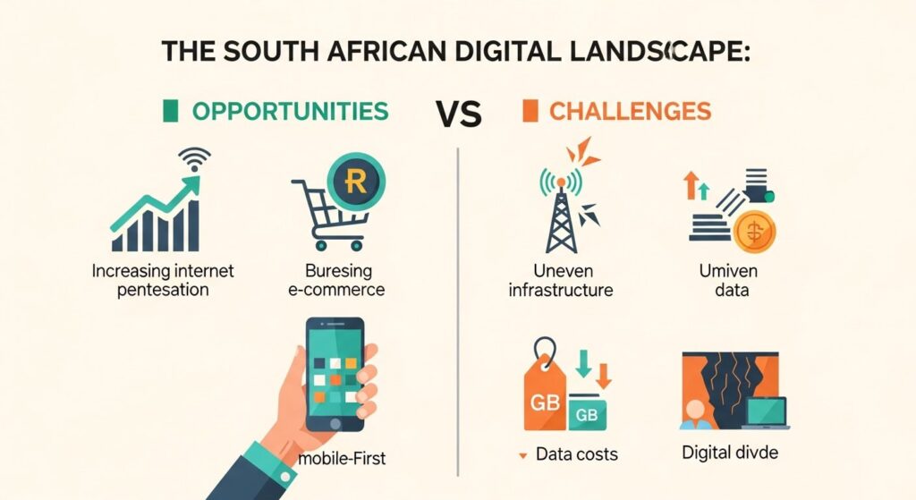 Infographic contrasting the opportunities and challenges of the South African digital market. The 'Opportunities' side shows icons for internet growth, e-commerce, and mobile dominance. The 'Challenges' side shows icons for uneven infrastructure, high data costs, and the digital divide.