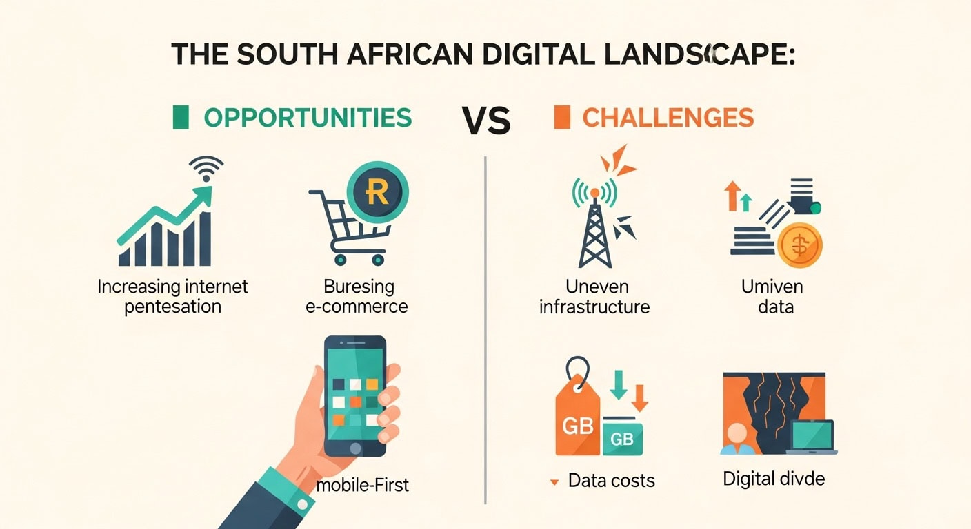 Infographic contrasting the opportunities and challenges of the South African digital market. The 'Opportunities' side shows icons for internet growth, e-commerce, and mobile dominance. The 'Challenges' side shows icons for uneven infrastructure, high data costs, and the digital divide.