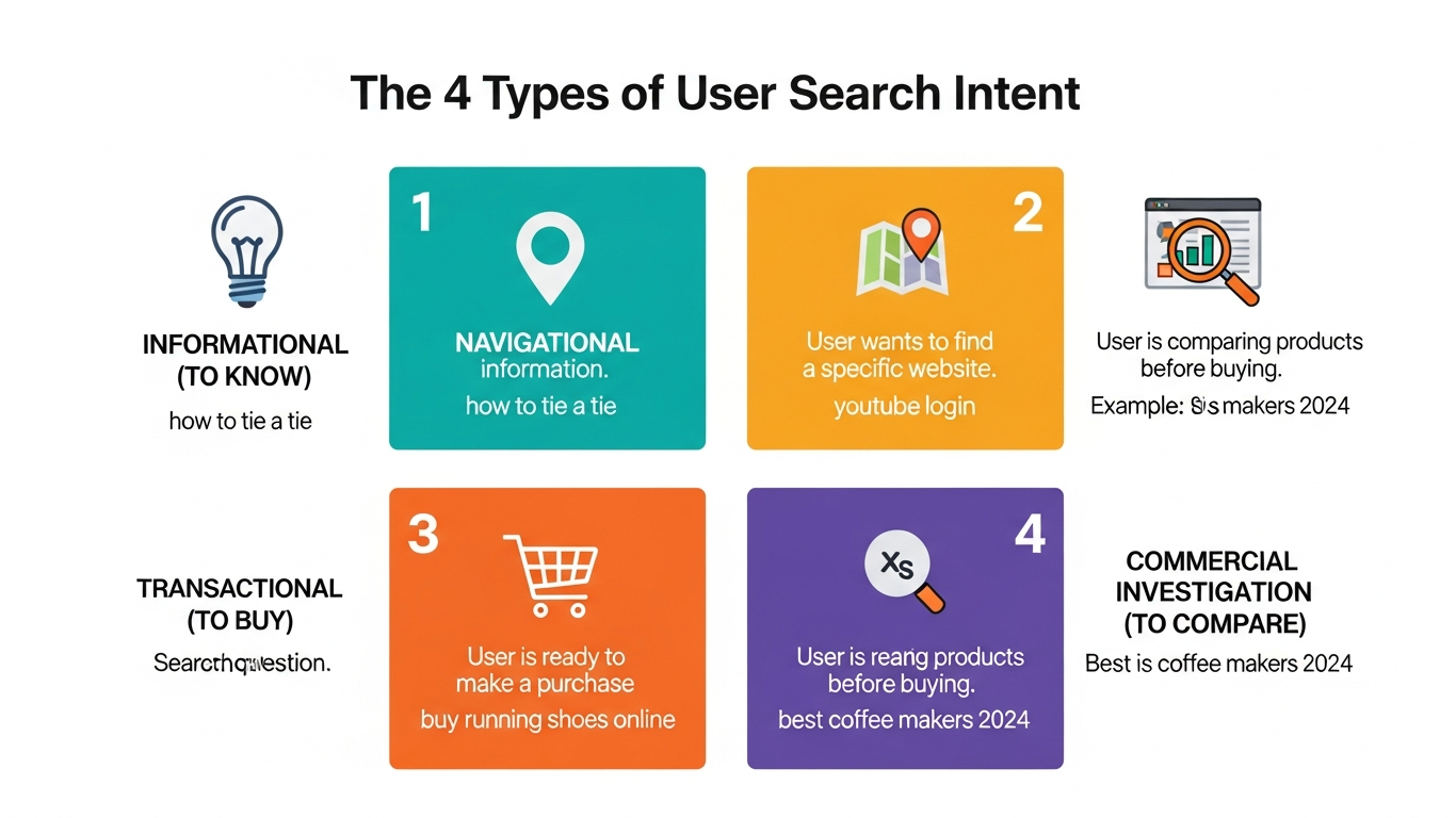 content-and-search-intent Diagram of the four types of search intent: informational, navigational, commercial and transactional