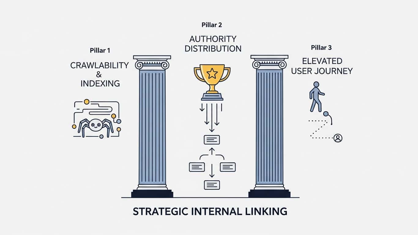 Diagram of three pillars of strategic internal linking: crawlability and indexing, authority distribution and user journey