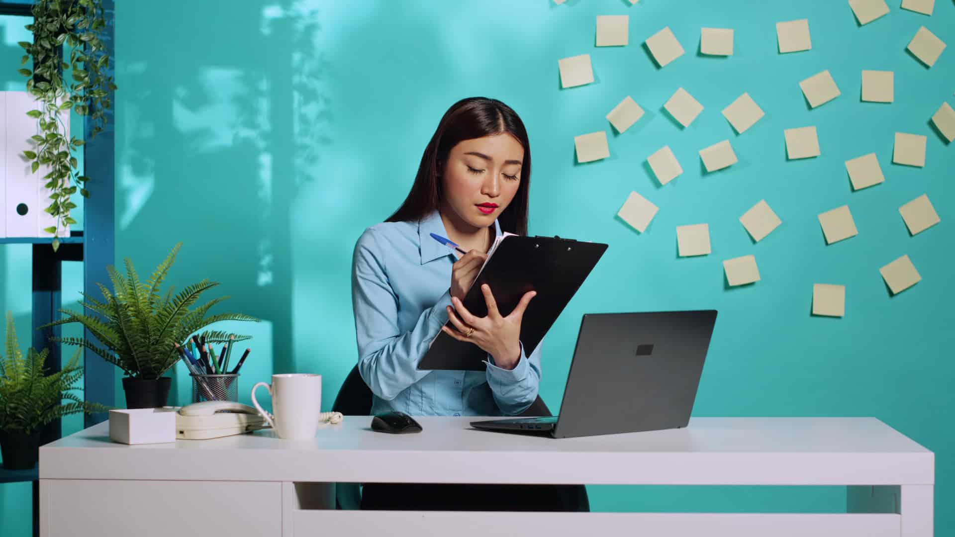 Woman ticking off a checklist on a clipboard at her desk