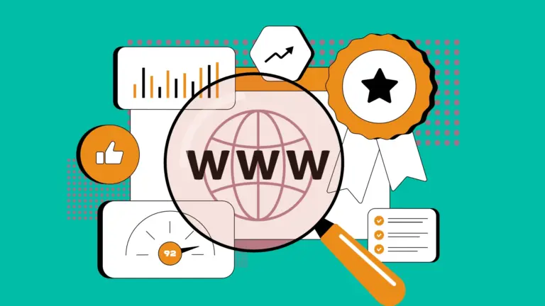 Illustration of a website globe with ratings, charts and a magnifying glass, representing domain authority