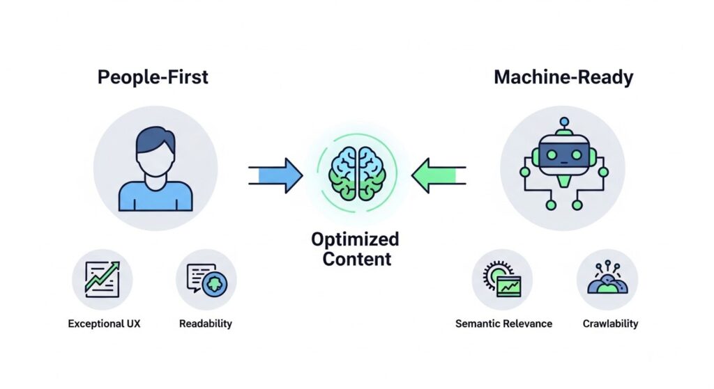 A diagram illustrating the 'People-First, Machine-Ready' SEO philosophy. The left side, 'People-First,' shows icons for user experience and intent. The right side, 'Machine-Ready,' shows icons for structured data and algorithms. Both sides feed into a central 'Optimized Content' element.