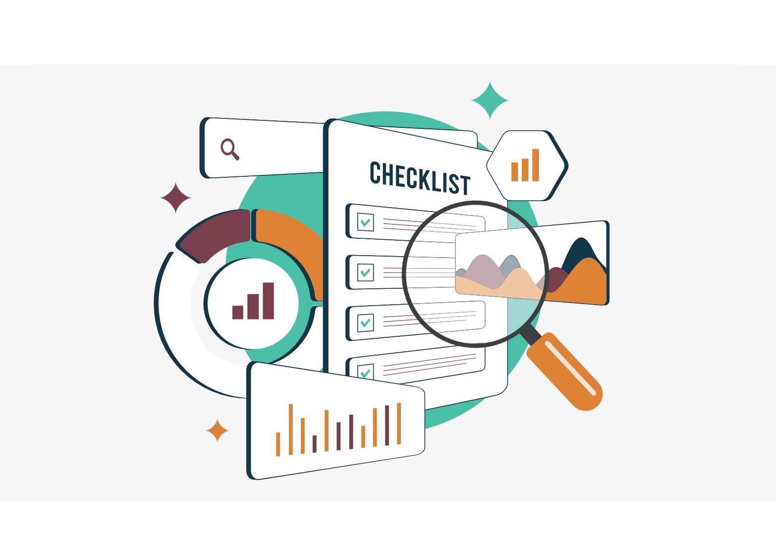 Step-by-step technical SEO audit checklist showing seven phases - crawlability, indexation, site speed, HTTPS, mobile usability, structured data, and duplicate content