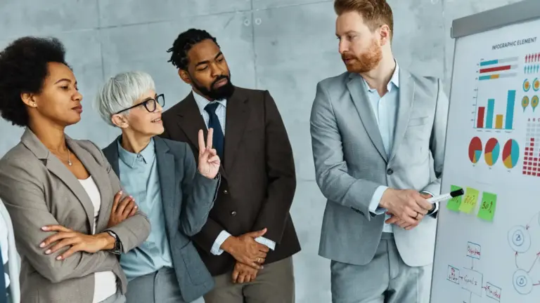 Business team discussing charts on a flip board
