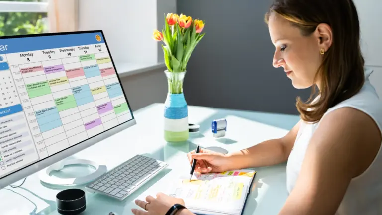 Woman planning a content calendar at her desk with a schedule on screen