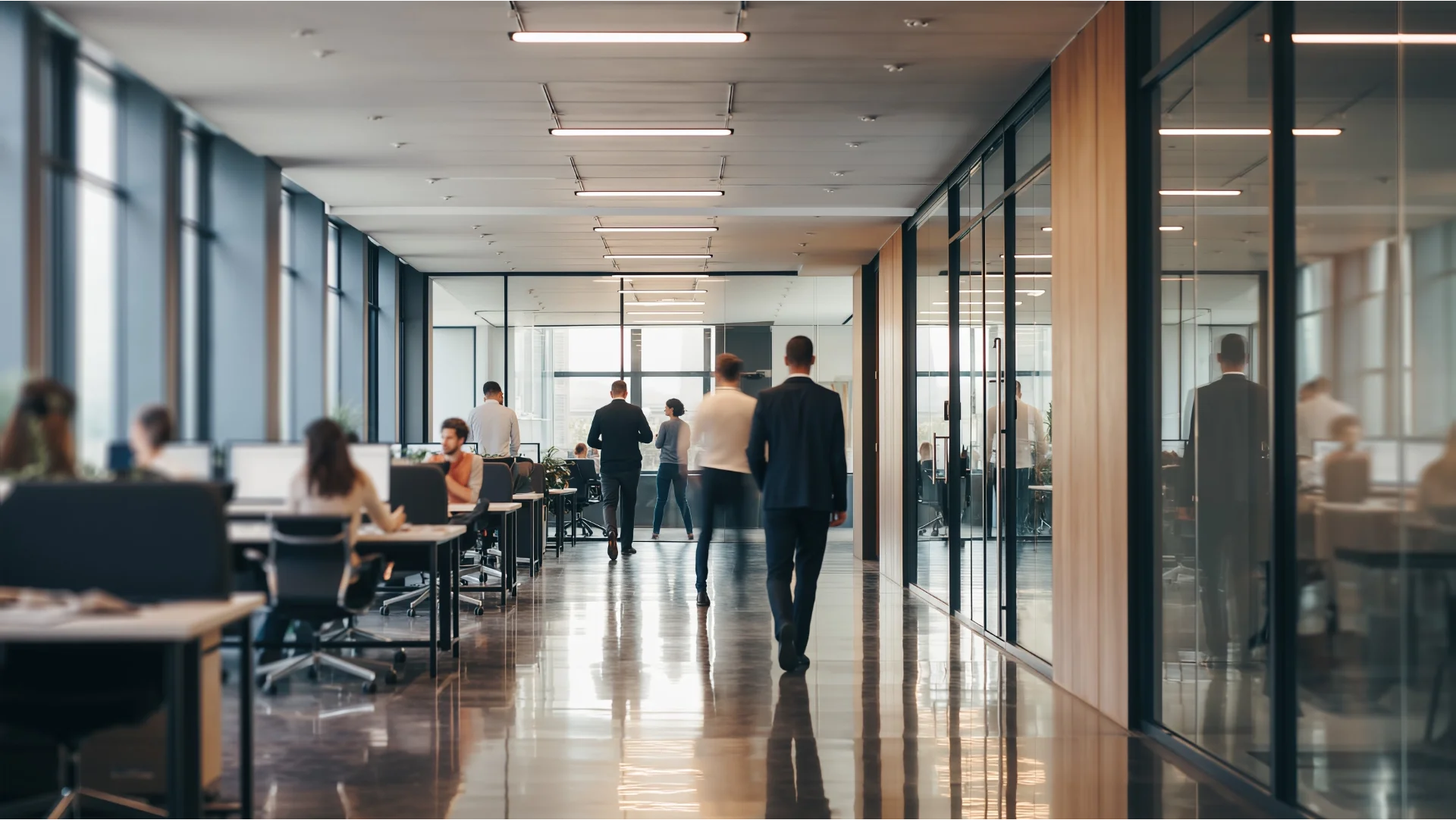 Long open-plan corporate office with people walking between glass-walled workspaces