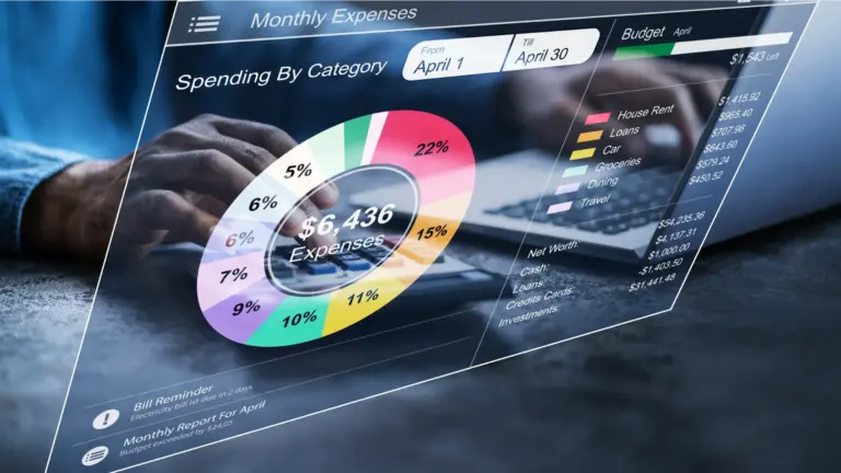 Digital budget dashboard showing spending by category in a pie chart