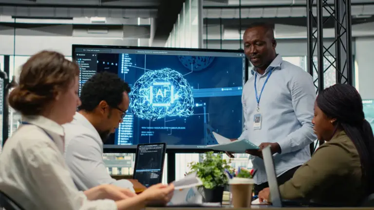 Team in a meeting room reviewing an AI dashboard on a large screen