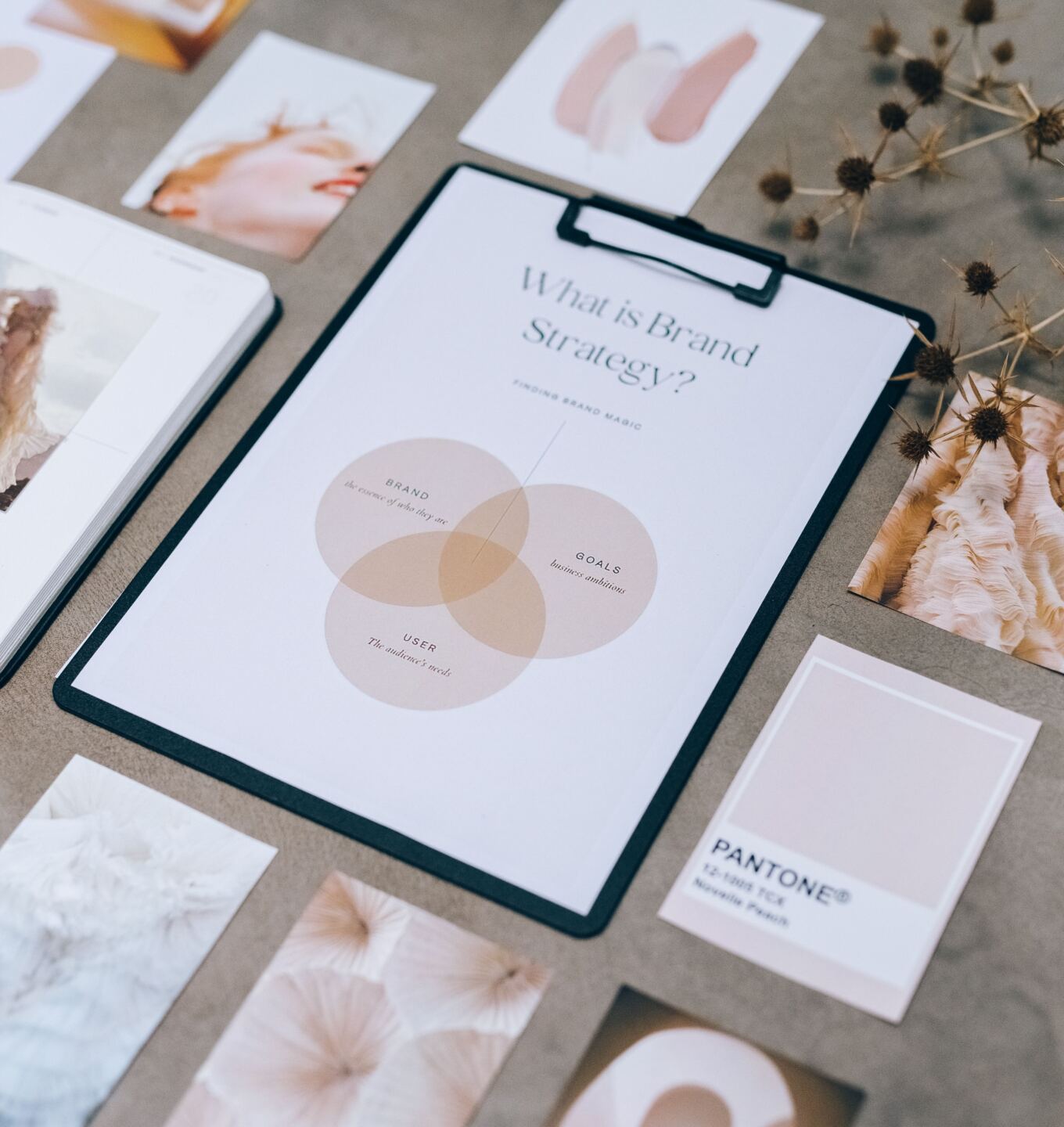 Brand strategy boards, colour swatches and mood images laid out on a table