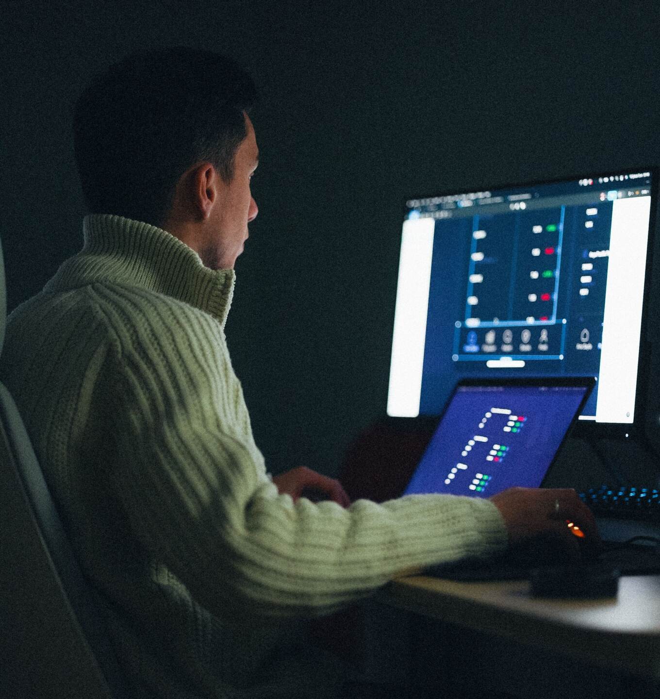 Analyst working at a desk with data dashboards on two screens