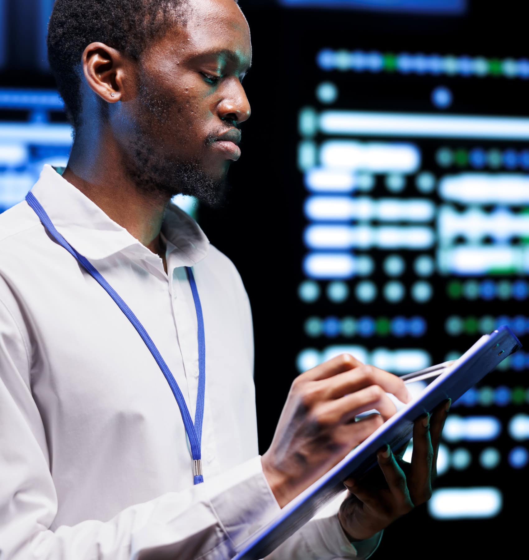 Man with a lanyard taking notes on a clipboard in front of data screens
