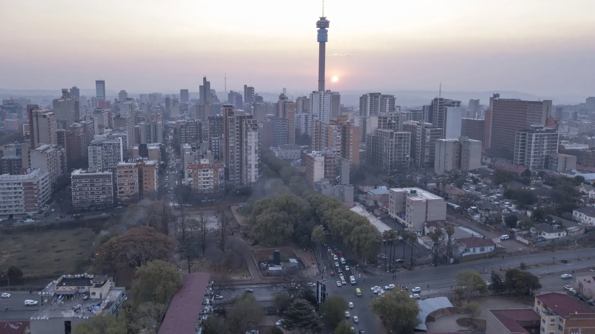 Johannesburg skyline with the Hillbrow Tower at sunset