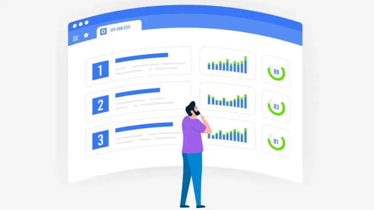 Illustration of a person studying an SEO analysis dashboard that ranks three pages