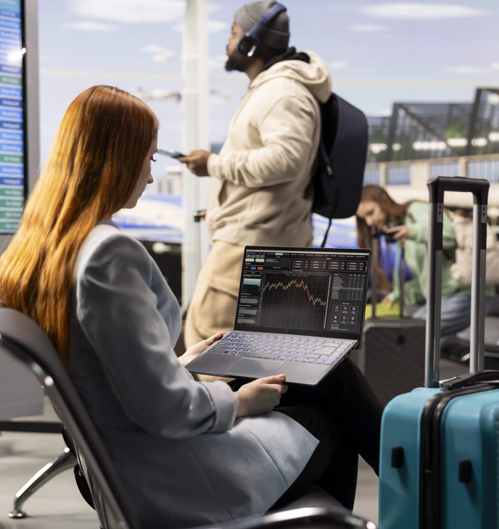 Woman working on a laptop showing charts while waiting in an airport lounge