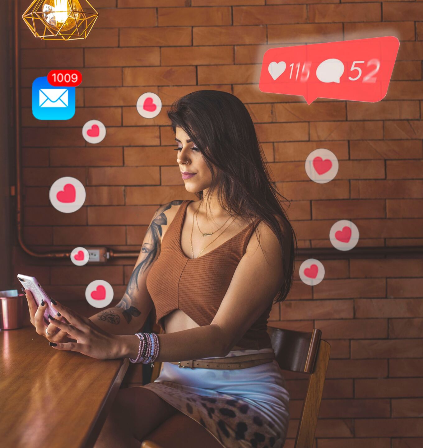 Woman on her smartphone surrounded by social media likes, comments and notifications