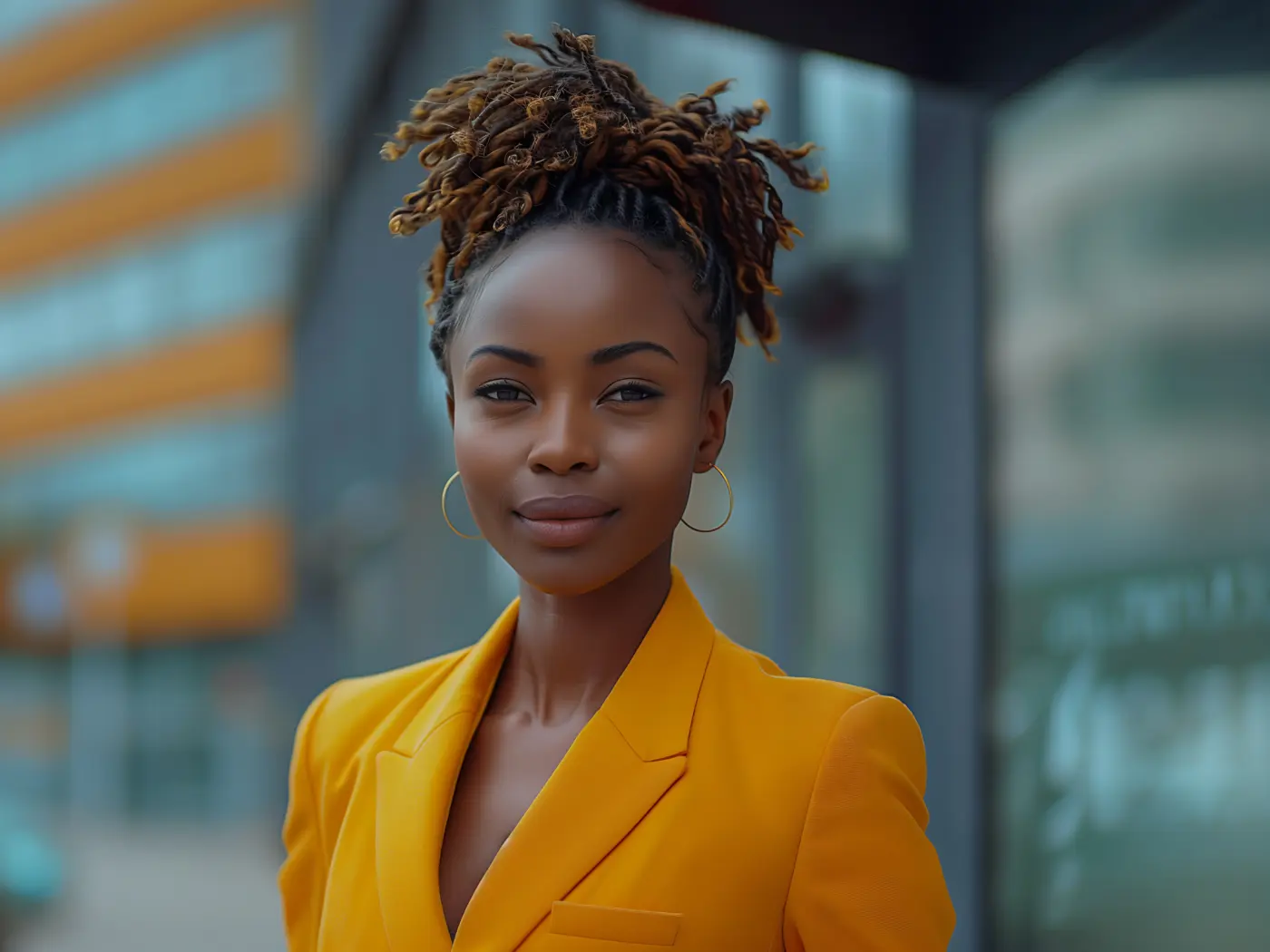 Confident businesswoman in a yellow blazer standing outside a city office building