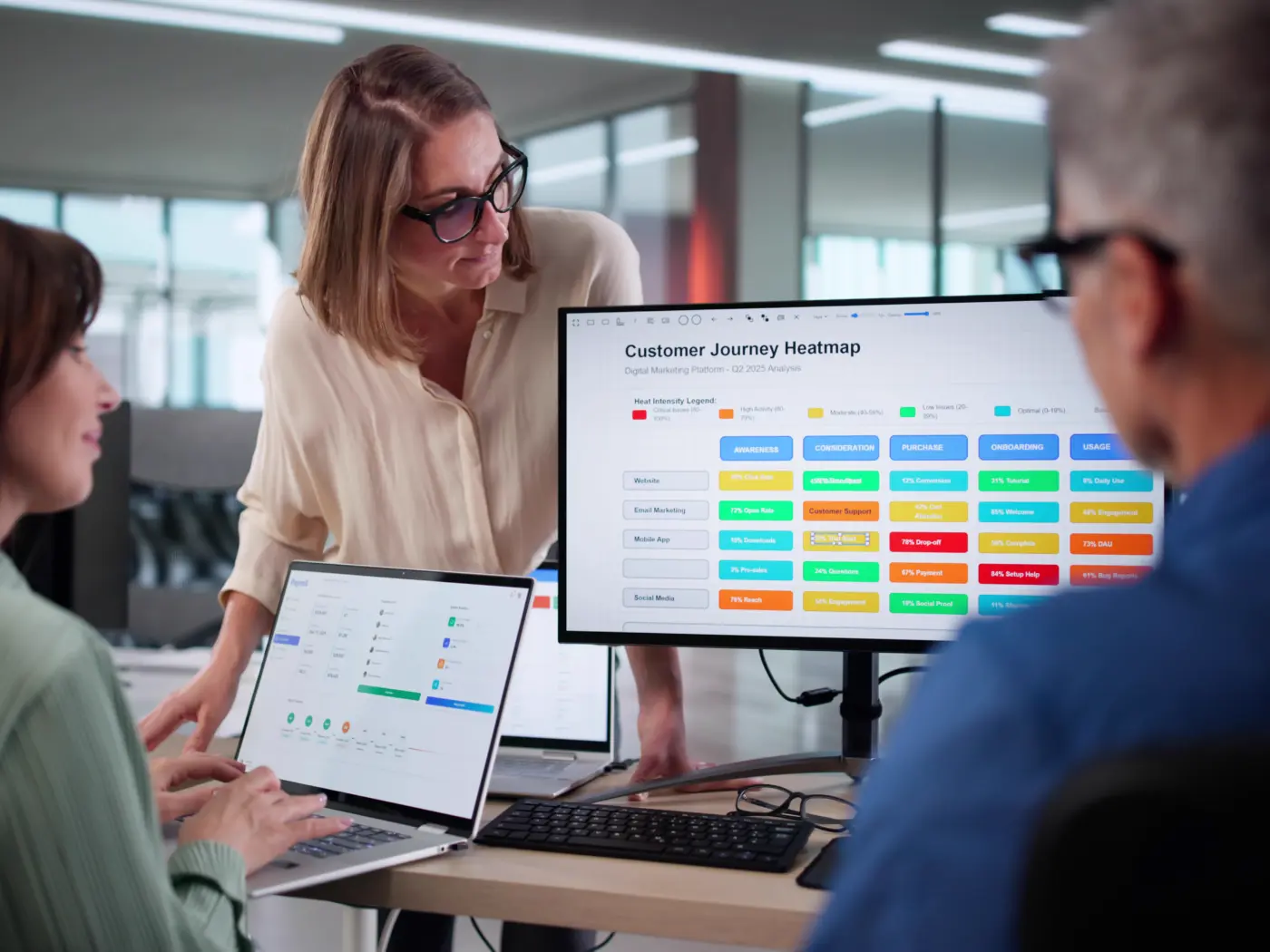 Analyst presenting a customer journey heatmap on screen to two colleagues